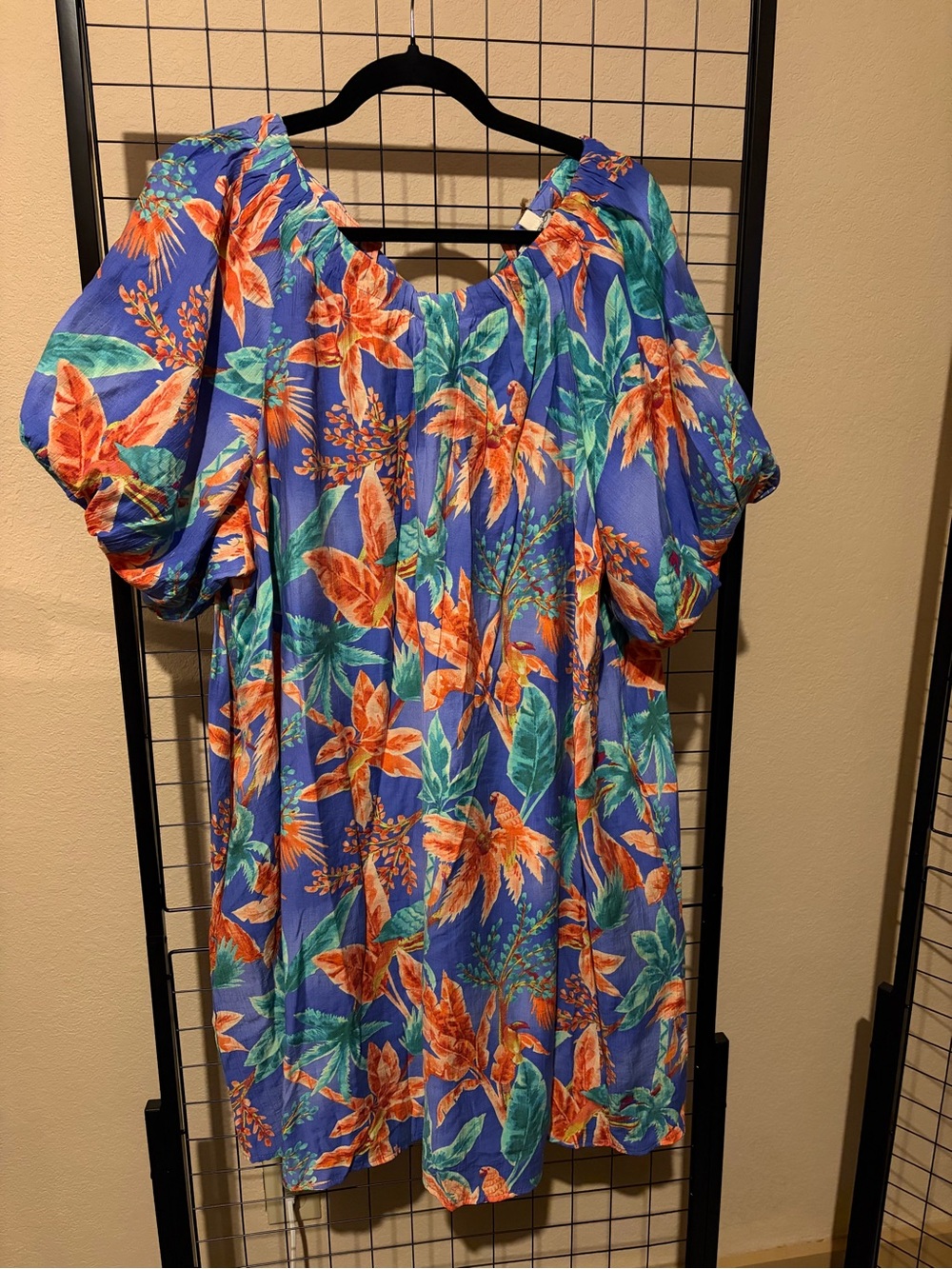 Easel 1x Blue Tropical Floral Puff-Sleeve Dress